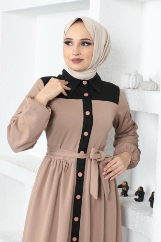 Modaebva - Önden Düğmeli Kuşaklı Elbise-5129 Latte (1)