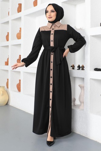 Modaebva - Önden Düğmeli Kuşaklı Elbise-5129 Siyah