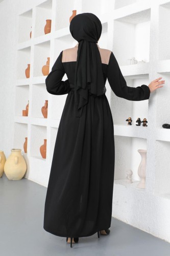 Önden Düğmeli Kuşaklı Elbise-5129 Siyah - Thumbnail