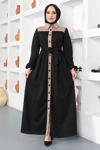 Önden Düğmeli Kuşaklı Elbise-5129 Siyah - Thumbnail