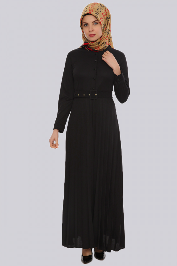 Önden Düğmeli Piliseli Elbise-Siyah 0645