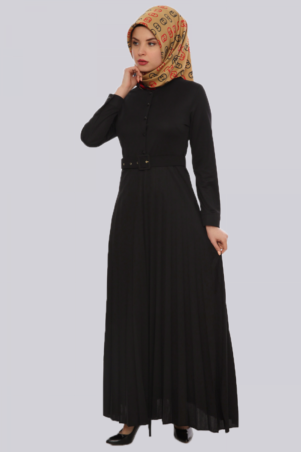 Önden Düğmeli Piliseli Elbise-Siyah 0645