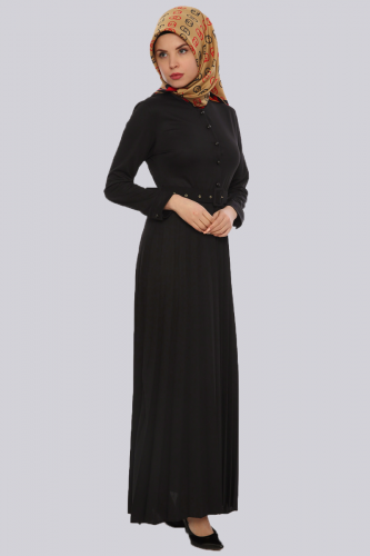 Önden Düğmeli Piliseli Elbise-Siyah 0645 - Thumbnail