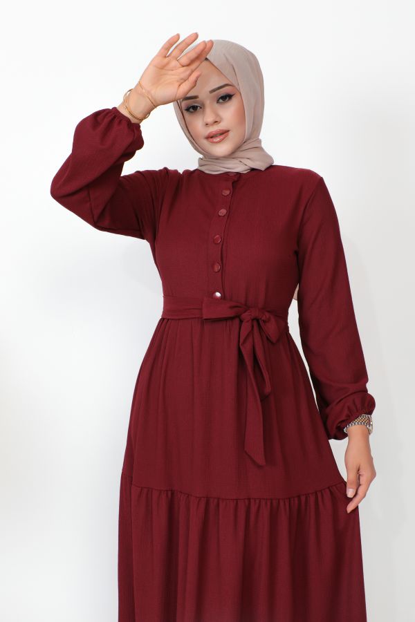 Önden Düğmeli Tesettür Elbise-3136 Bordo