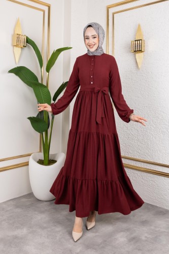 Modaebva - Önden Düğmeli Tesettür Elbise-3136 K.Bordo