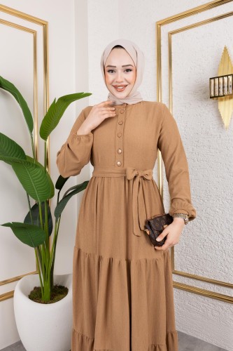 Modaebva - Önden Düğmeli Tesettür Elbise-3136 Latte (1)