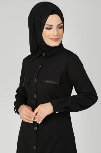 Önden Düğmeli Yazlık Ferace-2061 Siyah - 2
