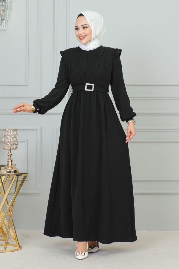 Önden Fermuarlı Kemerli Tesettür Elbise-3184 Siyah