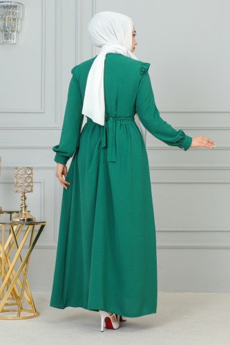 Önden Fermuarlı Kemerli Tesettür Elbise-3184 Yeşil - Thumbnail
