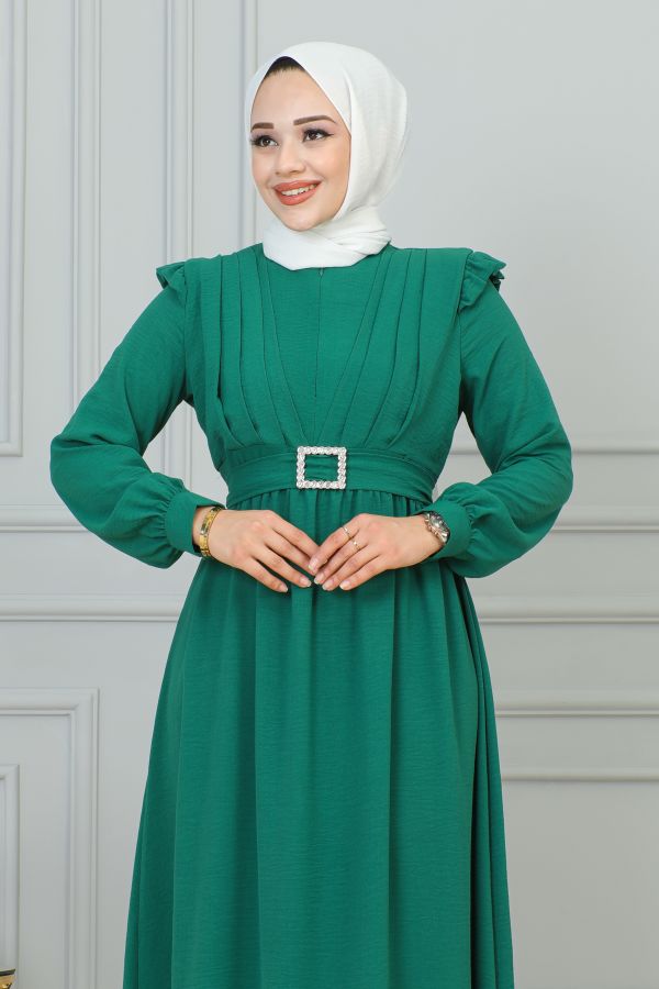 Önden Fermuarlı Kemerli Tesettür Elbise-3184 Yeşil
