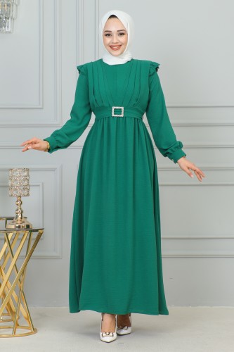 GLN - Önden Fermuarlı Kemerli Tesettür Elbise-3184 Yeşil