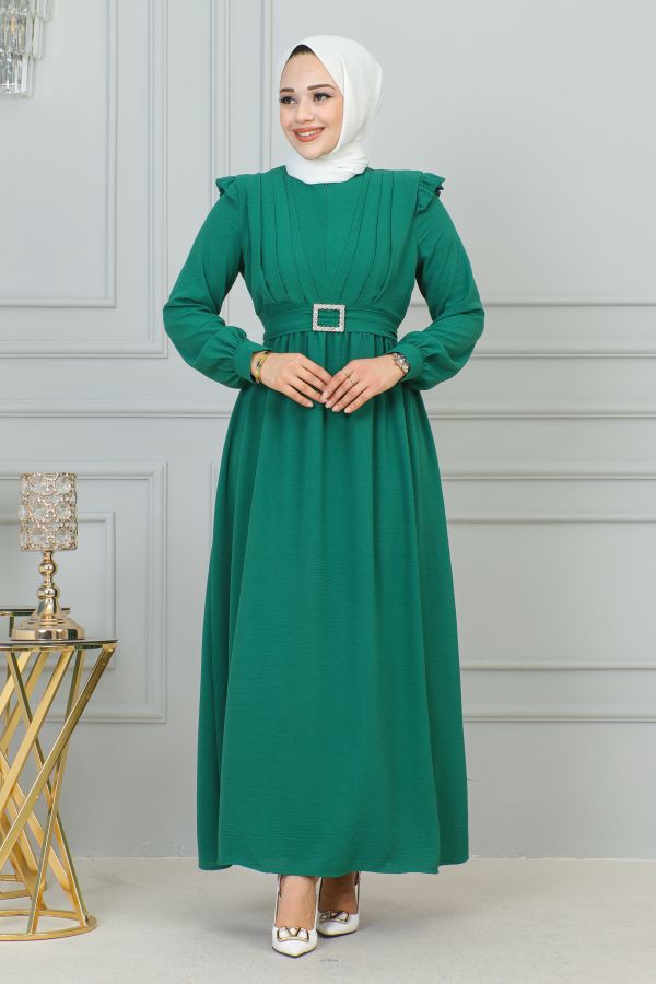 Önden Fermuarlı Kemerli Tesettür Elbise-3184 Yeşil