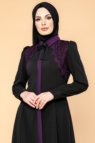 Önden Gizli Düğmeli Cepli Ferace-3642 Siyah - Modaebva (1)