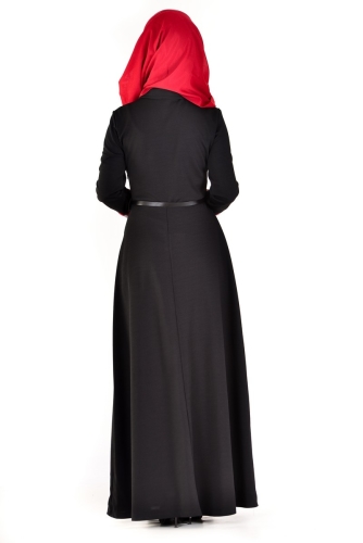 Önden Gizli Düğmeli Kolları Düğme Detaylı Elbise Siyah-4040 - Thumbnail