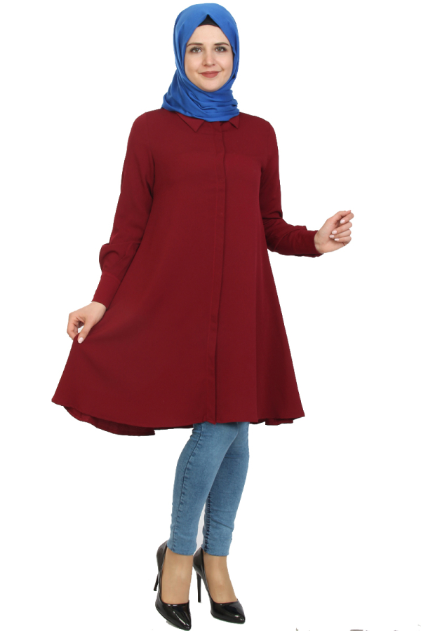 Önden Gizli Düğmeli Mevlana Tunik-Bordo1011