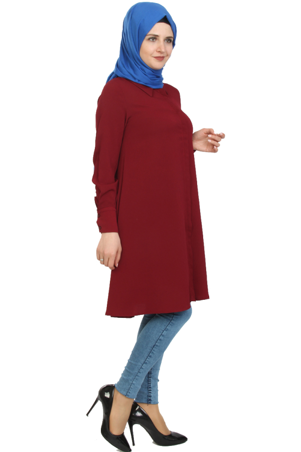 Önden Gizli Düğmeli Mevlana Tunik-Bordo1011