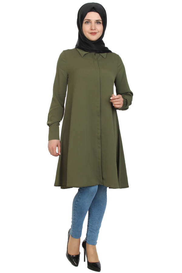 Önden Gizli Düğmeli Mevlana Tunik-Yeşil1011