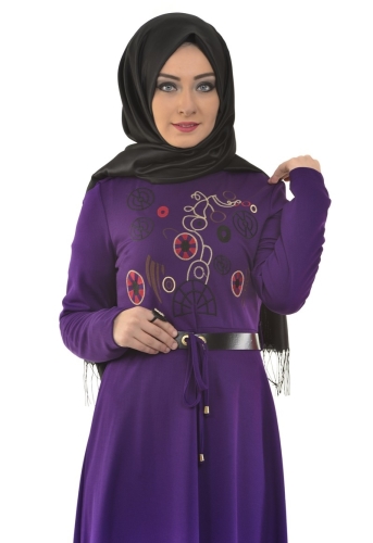 Önden Nakış İşleme Detaylı Elbise Mor-4039 - Thumbnail