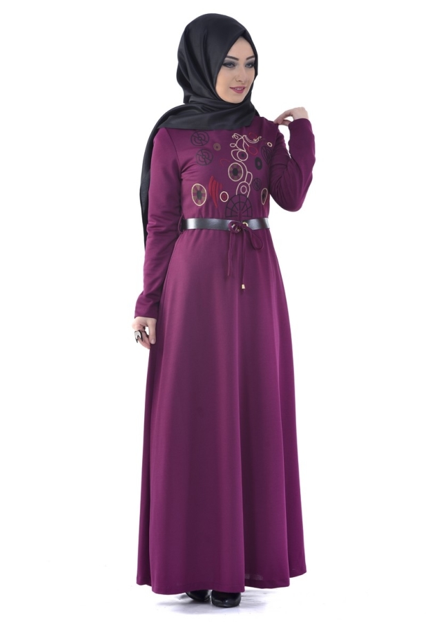 Önden Nakış İşleme Detaylı Elbise Mürdüm-4039