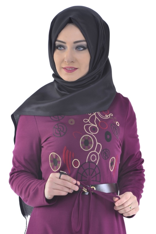 Önden Nakış İşleme Detaylı Elbise Mürdüm-4039