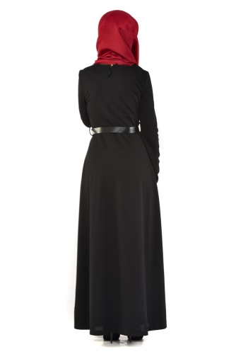 Önden Nakış İşleme Detaylı Elbise Siyah-4039 - Thumbnail
