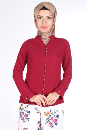 Modaebva - Önden Sık Düğmeli Bluz-7036 Bordo