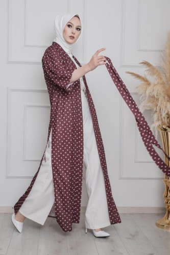 Puantiyeli Kimono-3636 Bordo - Thumbnail