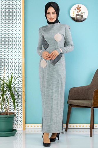 Pul Detay Küçük Yırtmaçlı Triko Elbise-3300 Gri - Thumbnail