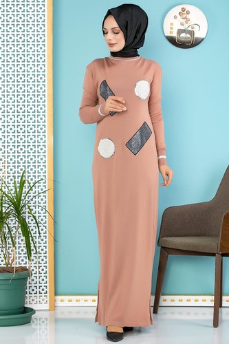 Pul Detay Küçük Yırtmaçlı Triko Elbise-3300 Gülkurusu - Thumbnail