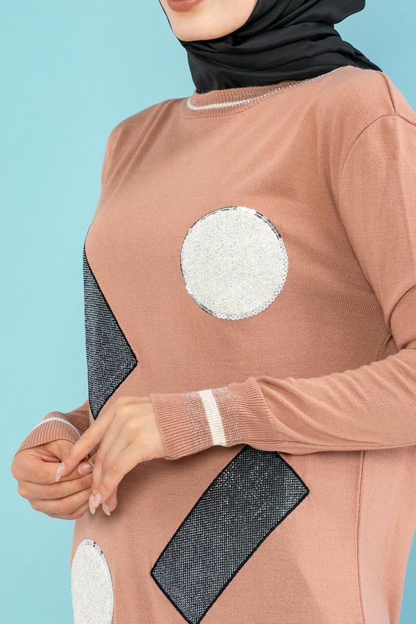 Pul Detay Küçük Yırtmaçlı Triko Elbise-3300 Gülkurusu