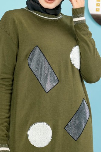 Pul Detay Küçük Yırtmaçlı Triko Elbise-3300 Hakiyeşil - Thumbnail