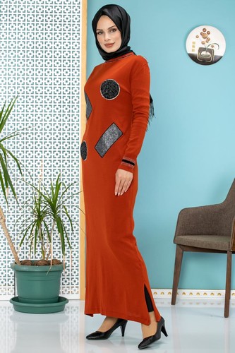 Pul Detay Küçük Yırtmaçlı Triko Elbise-3300 kiremit - Thumbnail