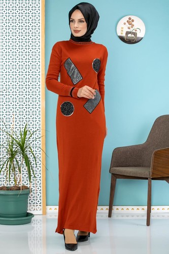 Pul Detay Küçük Yırtmaçlı Triko Elbise-3300 kiremit - Thumbnail