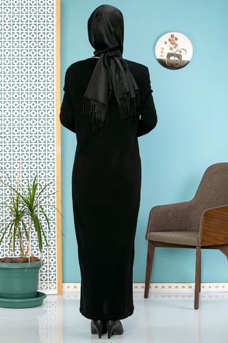 Pul Detay Küçük Yırtmaçlı Triko Elbise-3300 Siyah - Thumbnail