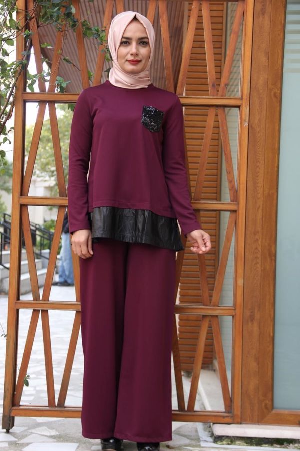 Pul Payet Cep Detaylı Pantolonlu Takım Mürdüm-2036