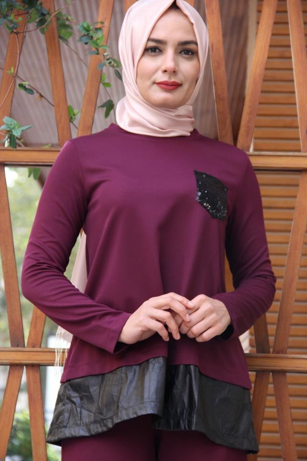 Pul Payet Cep Detaylı Pantolonlu Takım Mürdüm-2036