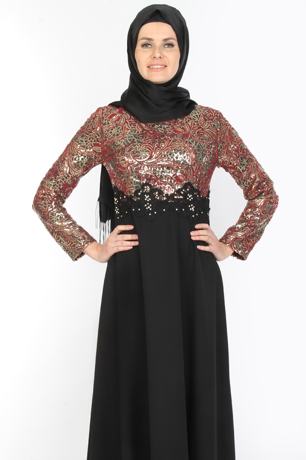 Pul Payet Çiçek Desenli Abiye Bordo-0018
