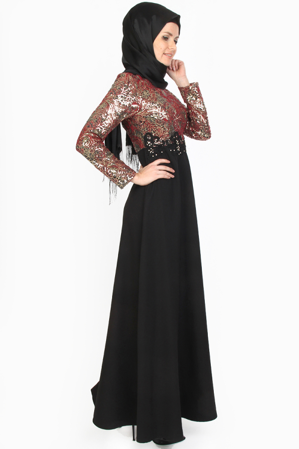 Pul Payet Çiçek Desenli Abiye Bordo-0018