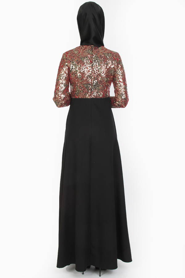 Pul Payet Çiçek Desenli Abiye Bordo-0018