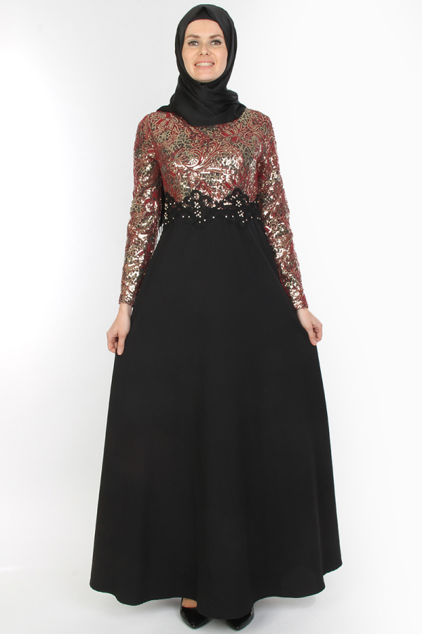 Pul Payet Çiçek Desenli Abiye Bordo-0018
