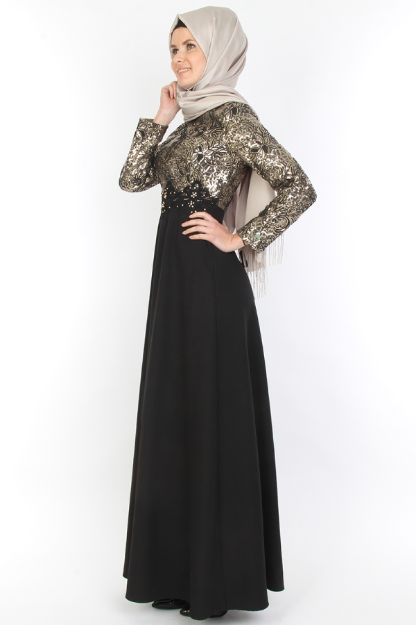 Pul Payet Çiçek Desenli Abiye Gold-0018