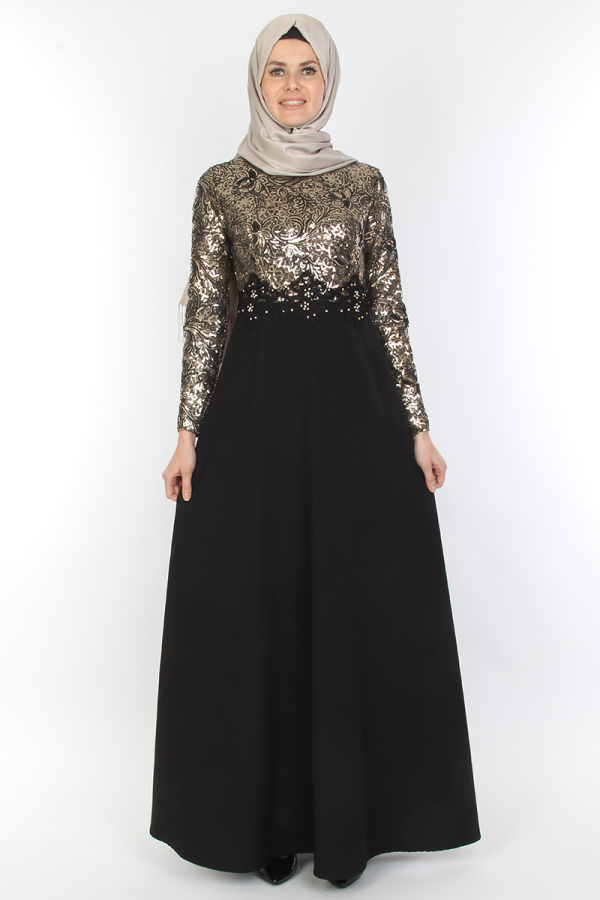 Pul Payet Çiçek Desenli Abiye Gold-0018
