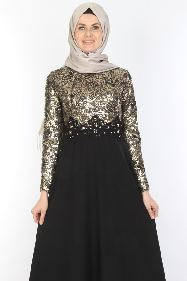 Pul Payet Çiçek Desenli Abiye Gold-0018