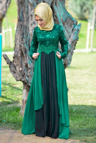 Pul Payet Detaylı Çift Renk Şifon Abiye-7096 - Thumbnail