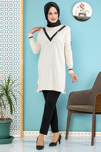 Pul Payet Detaylı Tesettür Triko Tunik-3700 Krem - Thumbnail