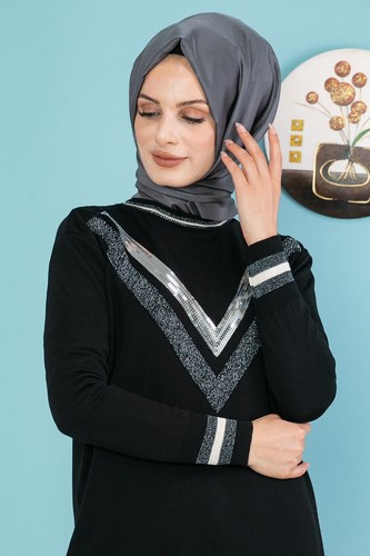 Modaebva - Pul Payet Detaylı Tesettür Triko Tunik-3700 Siyah (1)