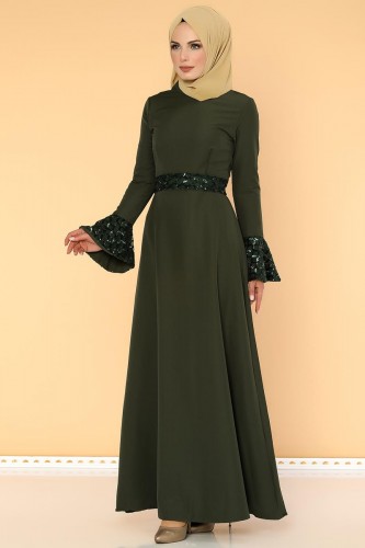 Pul Payet Volan Kol Tesettür Elbise-2059 Hakiyeşil - Thumbnail