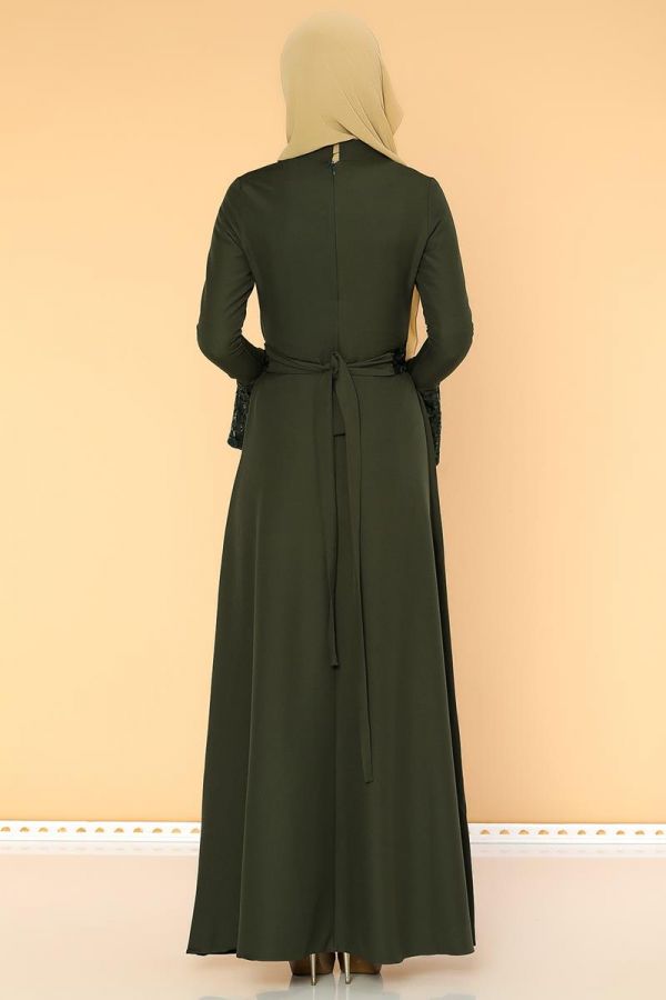 Pul Payet Volan Kol Tesettür Elbise-2059 Hakiyeşil