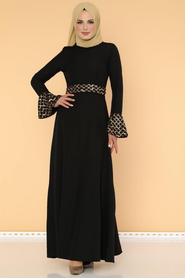Pul Payet Volan Kol Tesettür Elbise-2059 Siyah