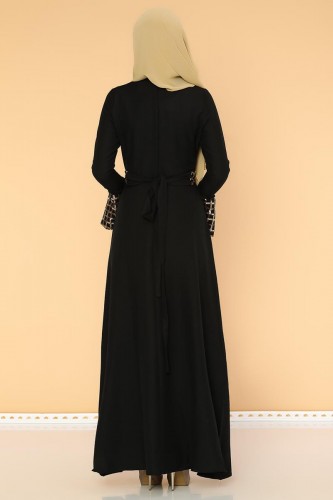 Pul Payet Volan Kol Tesettür Elbise-2059 Siyah - Thumbnail